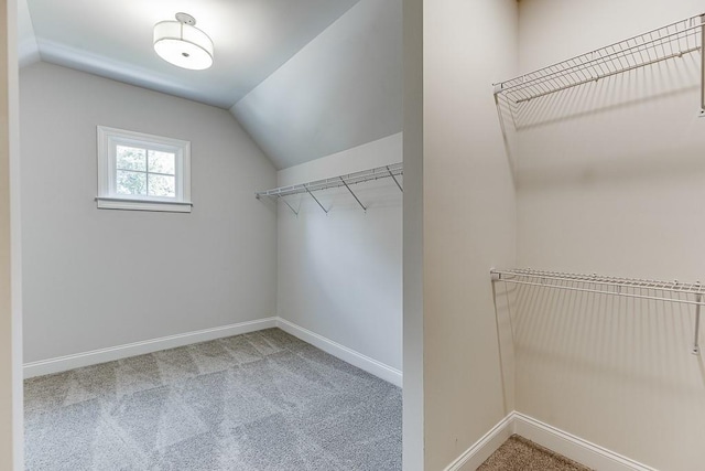 walk in closet featuring carpet floors and lofted ceiling