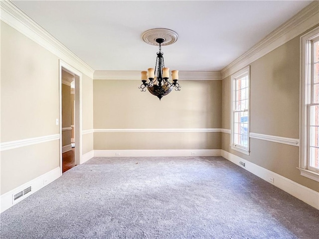3212 Woodhaven Ct SW, Conyers, GA 30094 - unfurnished room featuring visible vents, baseboards, a chandelier, ornamental molding, and carpet