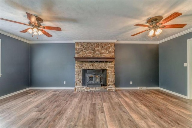227 Margo Trl, Rome, GA 30161 - unfurnished living room featuring a ceiling fan, wood finished floors, baseboards, a fireplace, and ornamental molding