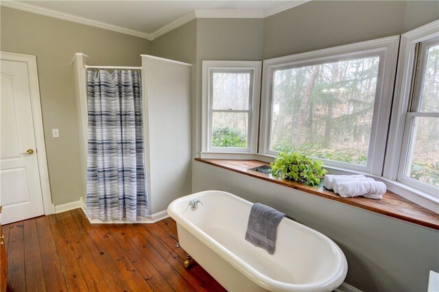 bathroom with a bathtub, ornamental molding, and hardwood / wood-style flooring