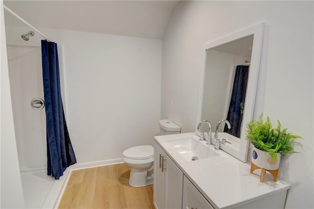 bathroom with vanity, hardwood / wood-style flooring, toilet, and walk in shower