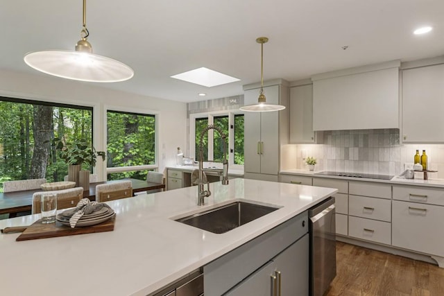 kitchen with stainless steel dishwasher, wood finished floors, light countertops, a sink, and a skylight