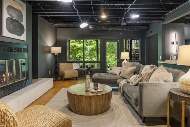 living room featuring wood finished floors, a healthy amount of sunlight, and a fireplace
