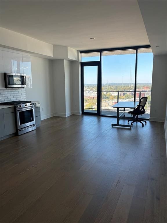 living room with dark wood-type flooring and floor to ceiling windows