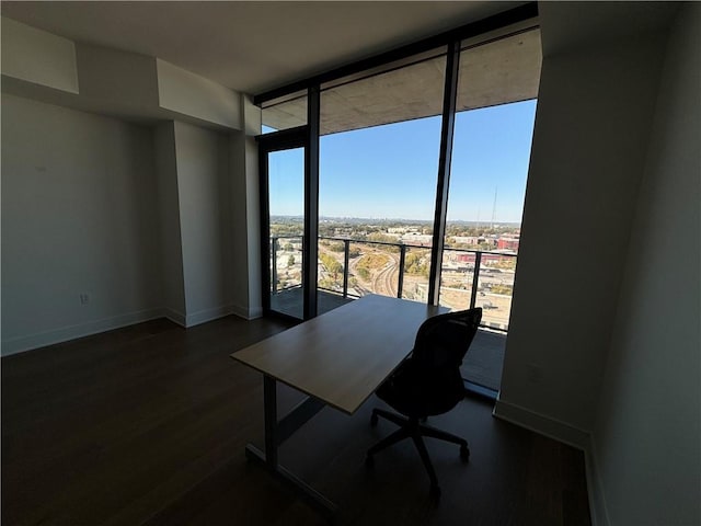 office area featuring dark wood-type flooring and floor to ceiling windows