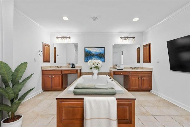full bath with tile patterned flooring, baseboards, and crown molding