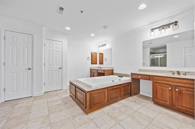 full bathroom with crown molding, a sink, two vanities, a shower stall, and a bath