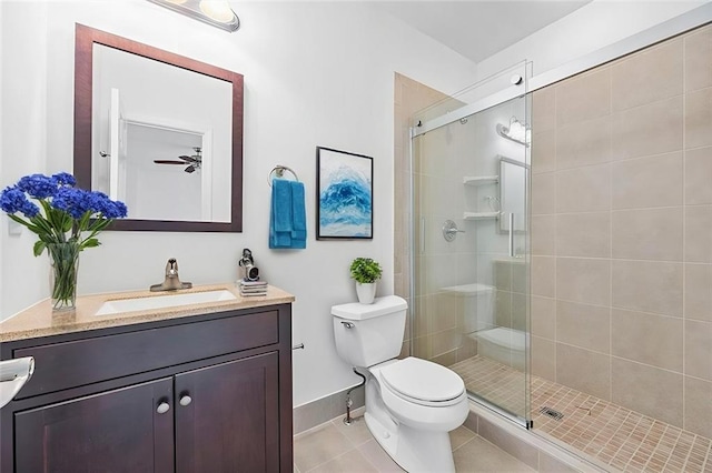 bathroom with vanity, tile patterned floors, a stall shower, and toilet