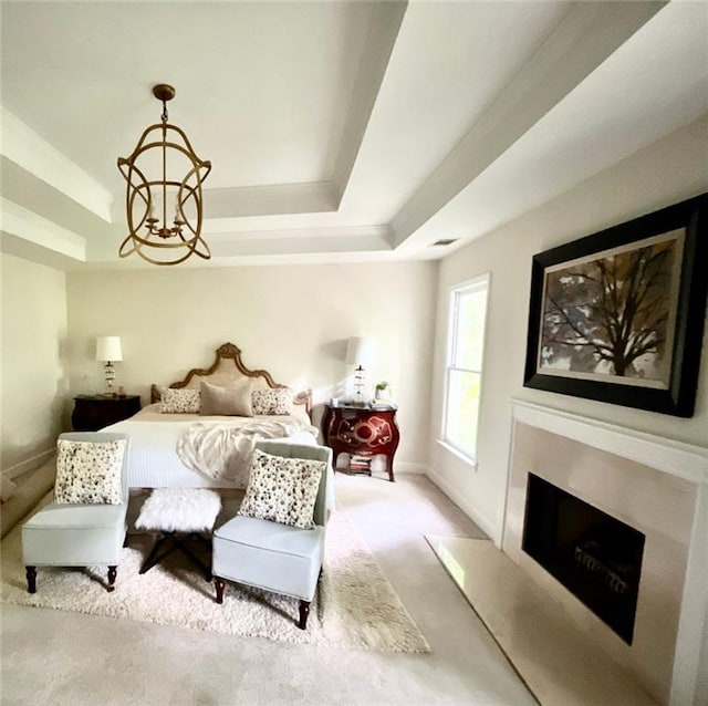 8525 Anchor On Lanier Ct, Gainesville, GA 30506 - carpeted bedroom with a tray ceiling, a fireplace, and baseboards