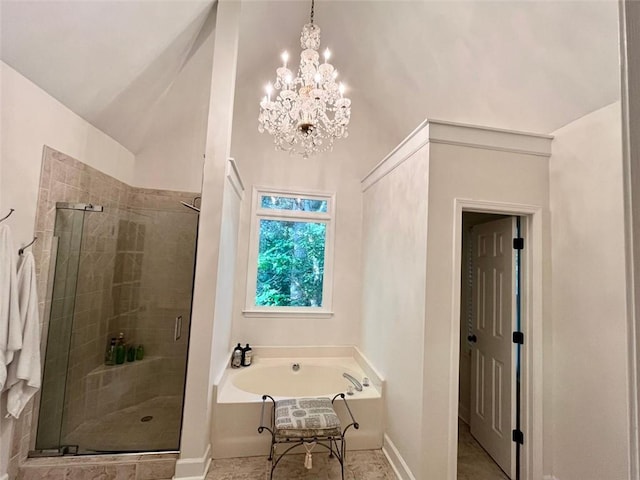 8525 Anchor On Lanier Ct, Gainesville, GA 30506 - bathroom featuring a garden tub, a shower stall, a chandelier, and baseboards