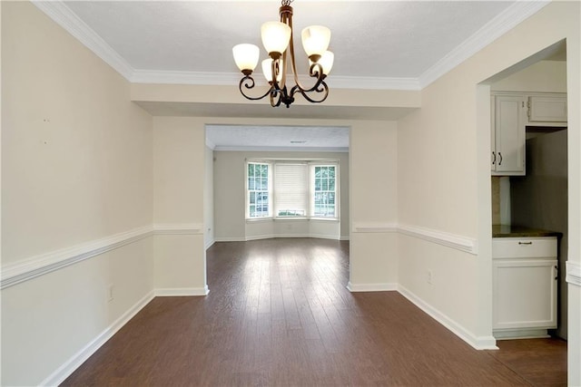 unfurnished dining area with a chandelier, baseboards, dark wood-type flooring, and ornamental molding