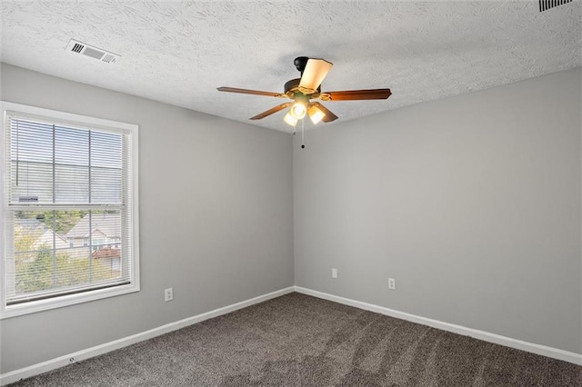 spare room with a textured ceiling, a healthy amount of sunlight, ceiling fan, and carpet floors