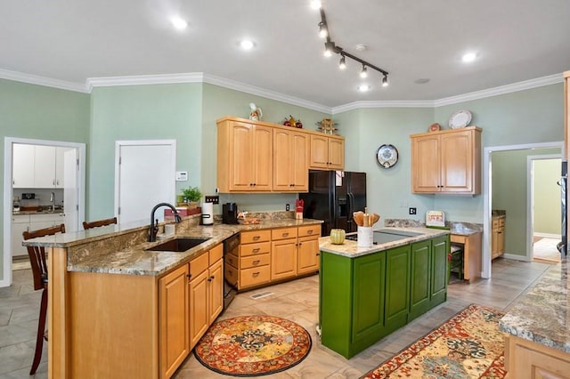 kitchen with a sink, black appliances, light brown cabinets, crown molding, and a center island