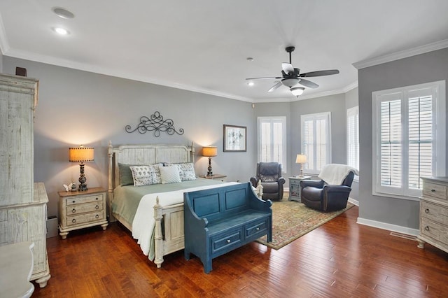 bedroom featuring wood-type flooring, crown molding, recessed lighting, baseboards, and a ceiling fan