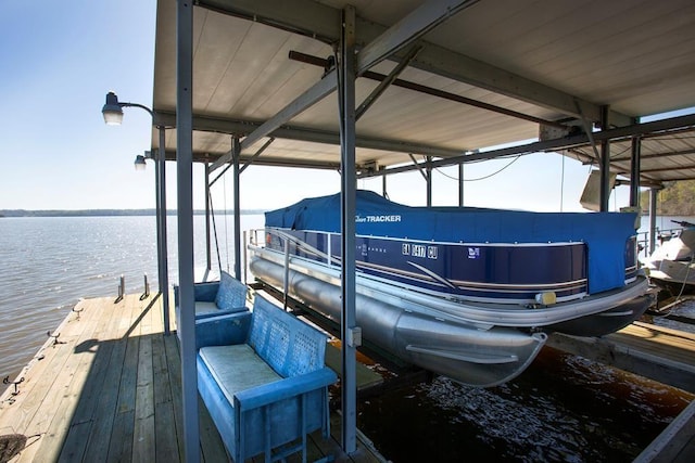 dock with a water view and boat lift