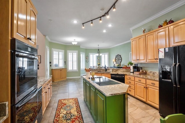 kitchen featuring black appliances, a sink, crown molding, a center island, and a peninsula