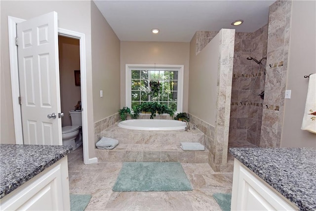 full bathroom with vanity, toilet, and independent shower and bath