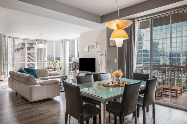 dining room with a wall of windows and wood finished floors