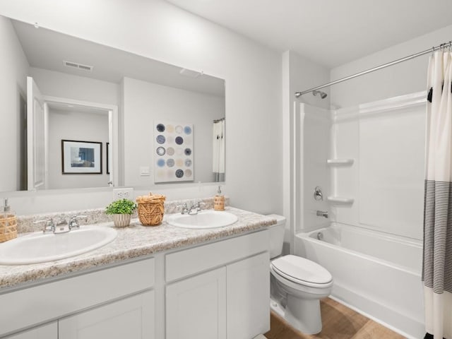414 Oak View Ln, Dallas, GA 30157 - bathroom with double vanity, shower / tub combo with curtain, and wood finished floors