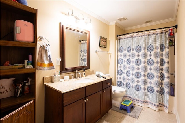 full bath with vanity, tile patterned floors, crown molding, toilet, and visible vents