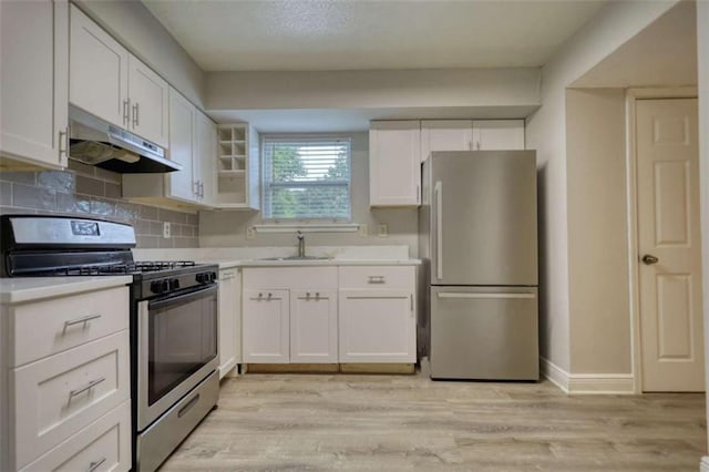 924 Park Gate Pl, Stone Mountain, GA 30083 - kitchen with stainless steel appliances, under cabinet range hood, a sink, light countertops, and light wood-type flooring