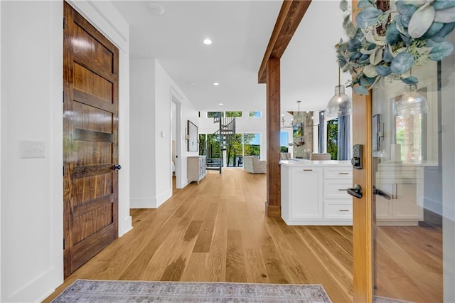 1132 N Edgewater Trl, Toccoa, GA 30577 - corridor featuring light wood-style floors, recessed lighting, and beamed ceiling