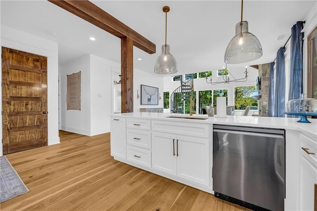 1132 N Edgewater Trl, Toccoa, GA 30577 - kitchen featuring dishwasher, light wood-style floors, white cabinets, light countertops, and recessed lighting