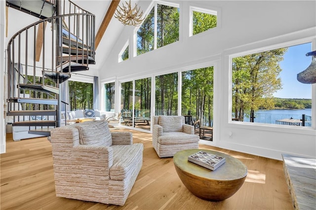 1132 N Edgewater Trl, Toccoa, GA 30577 - sunroom / solarium featuring high vaulted ceiling, a wooden deck, wood finished floors, and beamed ceiling