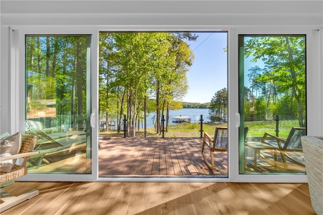1132 N Edgewater Trl, Toccoa, GA 30577 - doorway to outside featuring a water view and wood finished floors