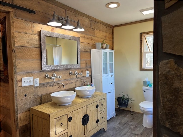 full bathroom featuring toilet, double vanity, a sink, and wood finished floors