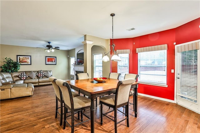 dining area with ceiling fan and hardwood / wood-style floors