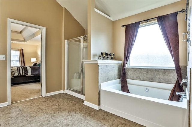 bathroom featuring tile patterned flooring, plus walk in shower, and vaulted ceiling