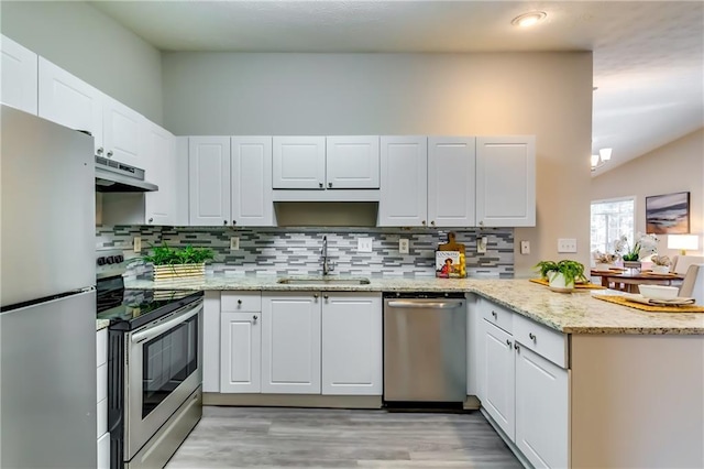 kitchen with backsplash, appliances with stainless steel finishes, a sink, a peninsula, and under cabinet range hood