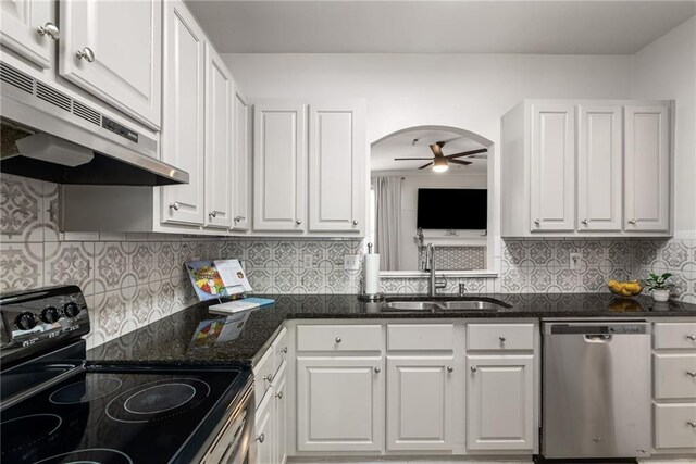 3088 Steeplechase Dr, Alpharetta, GA 30004 - kitchen featuring a sink, dishwasher, white cabinetry, under cabinet range hood, and black range with electric stovetop
