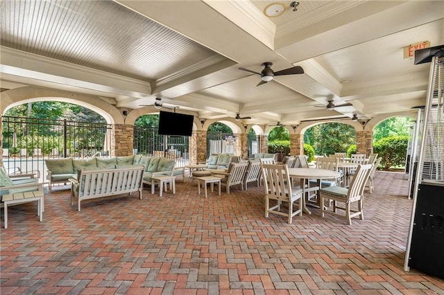 200 River Vista Dr Unit 426, Atlanta, GA 30339 - view of patio with an outdoor hangout area, outdoor dining area, a ceiling fan, and fence