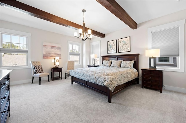 168 Brighton Blvd, Woodstock, GA 30188 - bedroom featuring baseboards, light carpet, a chandelier, and beamed ceiling