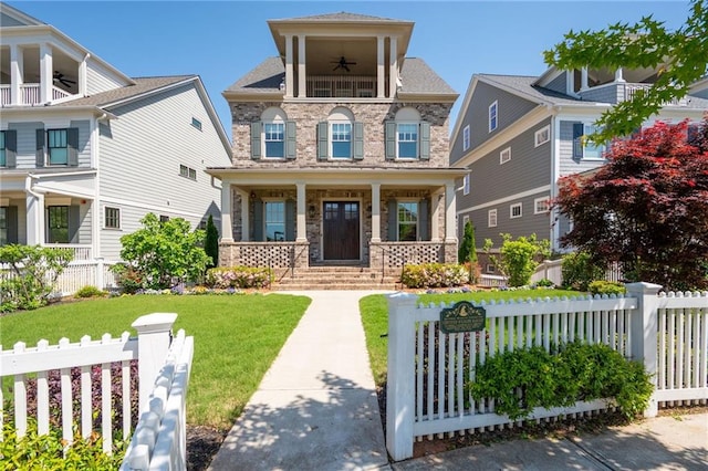 168 Brighton Blvd, Woodstock, GA 30188 - view of front of house featuring ceiling fan, a porch, and stone siding