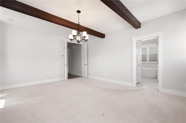 168 Brighton Blvd, Woodstock, GA 30188 - unfurnished room with beamed ceiling, light colored carpet, a chandelier, and baseboards