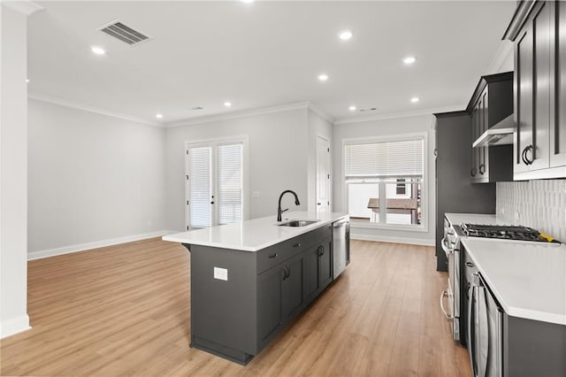 kitchen featuring sink, appliances with stainless steel finishes, backsplash, an island with sink, and light wood-type flooring