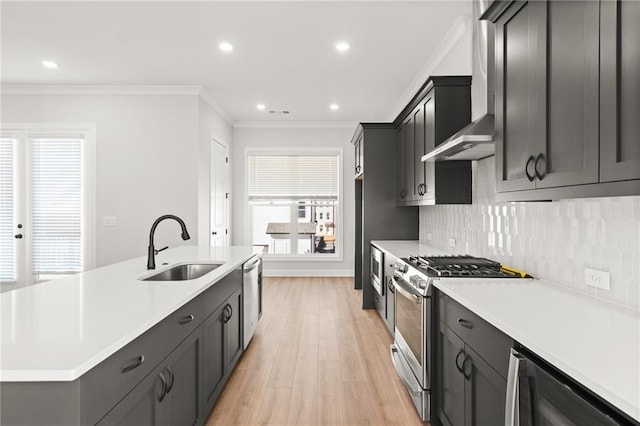 kitchen with sink, ornamental molding, wall chimney exhaust hood, and appliances with stainless steel finishes