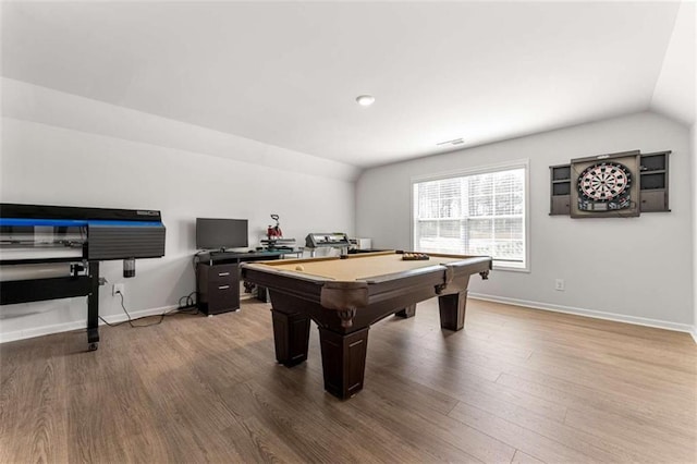 playroom with pool table, baseboards, lofted ceiling, and wood finished floors