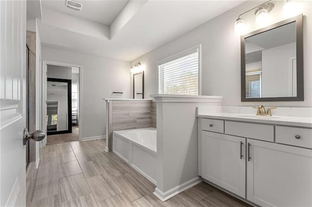 bathroom with visible vents, baseboards, a raised ceiling, a bath, and vanity