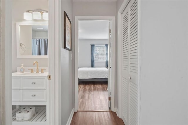 hallway featuring sink and hardwood / wood-style floors