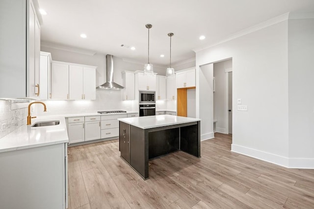 3390 Hillshire Dr, Cumming, GA 30028 - kitchen featuring wall chimney exhaust hood, a sink, stainless steel microwave, oven, and tasteful backsplash