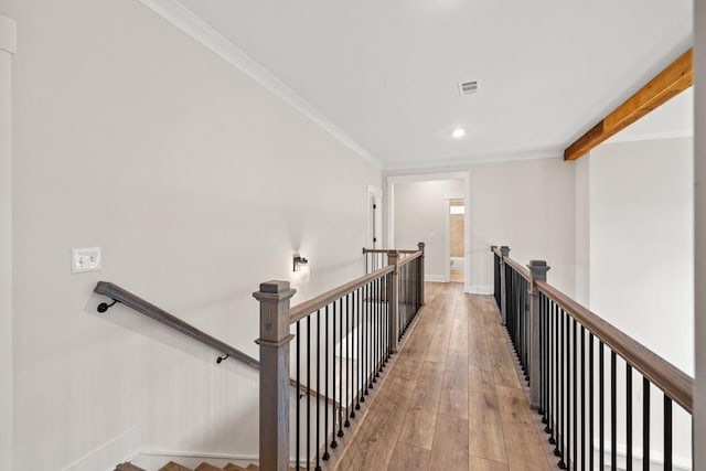 3390 Hillshire Dr, Cumming, GA 30028 - corridor with an upstairs landing, light wood finished floors, crown molding, baseboards, and recessed lighting