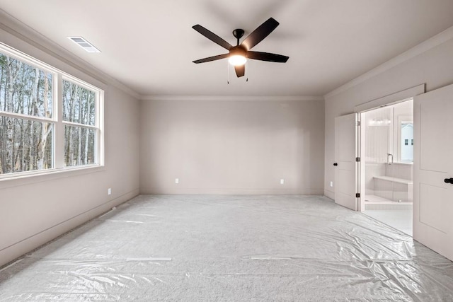 3390 Hillshire Dr, Cumming, GA 30028 - unfurnished room featuring crown molding, ceiling fan, baseboards, and light carpet