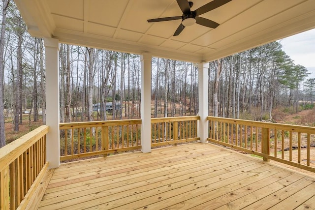 3390 Hillshire Dr, Cumming, GA 30028 - wooden deck with ceiling fan and view of scattered trees