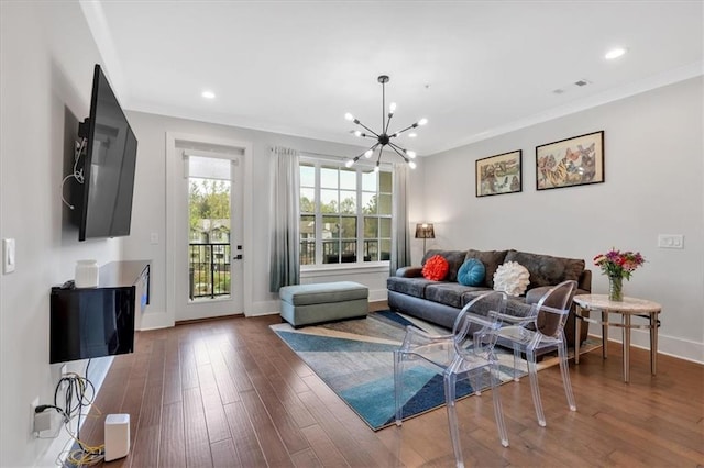 6890 Peachtree Dunwoody Rd Unit 303, Atlanta, GA 30328 - living room with a chandelier, recessed lighting, wood finished floors, baseboards, and ornamental molding