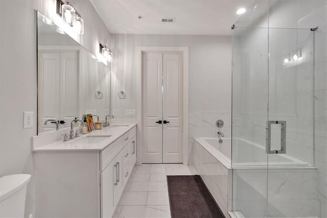 6890 Peachtree Dunwoody Rd Unit 303, Atlanta, GA 30328 - full bath with toilet, a bath, marble finish flooring, an enclosed shower, and double vanity