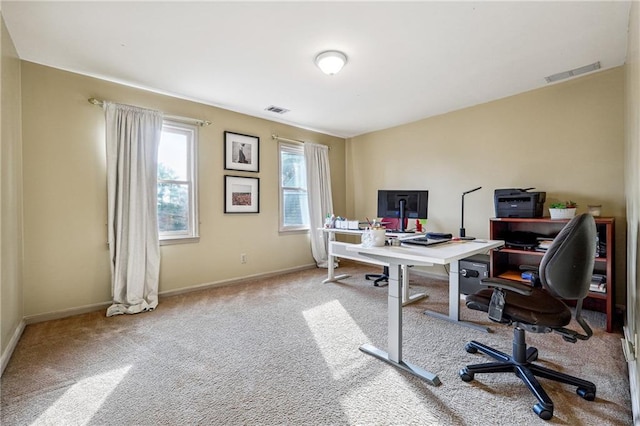 home office featuring light carpet